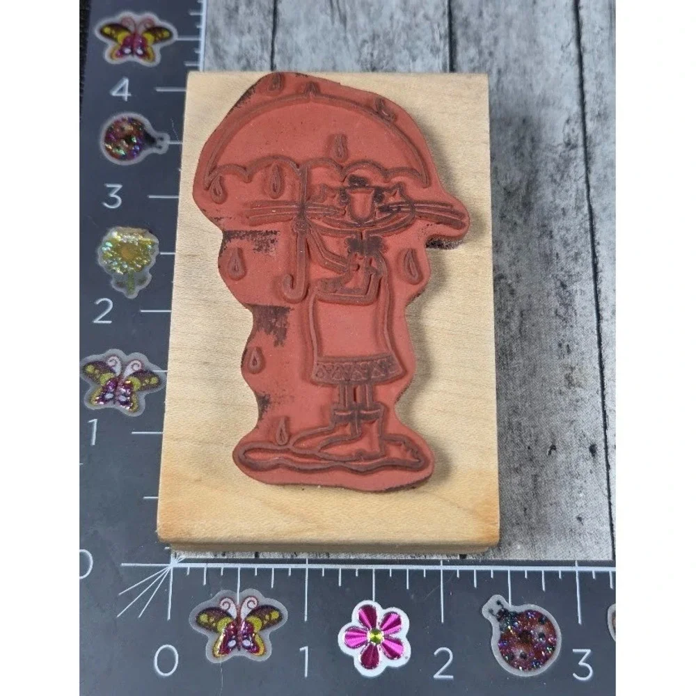 American Art Stamp Cat Kitty in Rain Umbrella 2000 Rubber Stamp Wood #P38